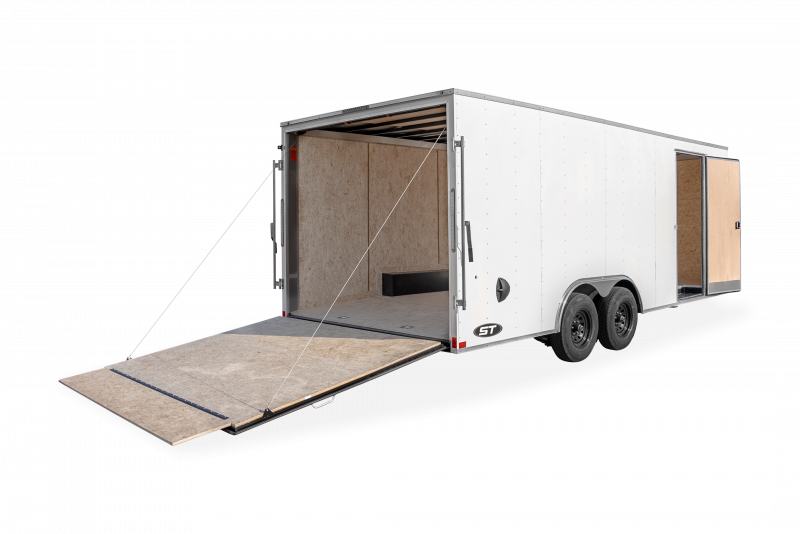 LOOK Trailers | Trailer Models | ST DLX Car Hauler Trailer | Good Model image of back right of trailer with rear fold down door folded down and a ramp door door extended out | Image 5