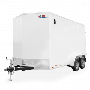 Look Trailers | Trailers | Trailer Models | ST DLX | Image of white enclosed cargo trailer with dual axles showing left front of trailer clear background | Image 2