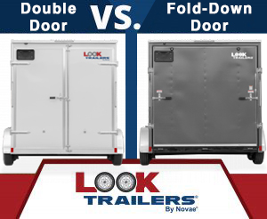 Look Trailers | News Blog Post | Trailer Types And Tips | Rear Double-Door versus Rear Fold-Down Door - How Do You Decide? | Featured Image | Two combined pictures to show an example of a rear double-door -vs- a rear fold-down door on an enclosed cargo trailer.